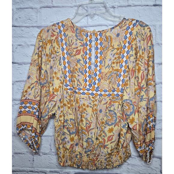 Rachel Zoe yellow boho floral smocked v-neck spring/summer blouse top small - Picture 3 of 7